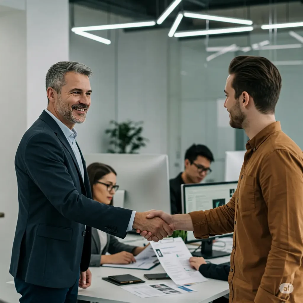 Why Choose IT Talent as Your Tech Hiring Partner IT recruiter shaking hands with a tech candidate in a modern office